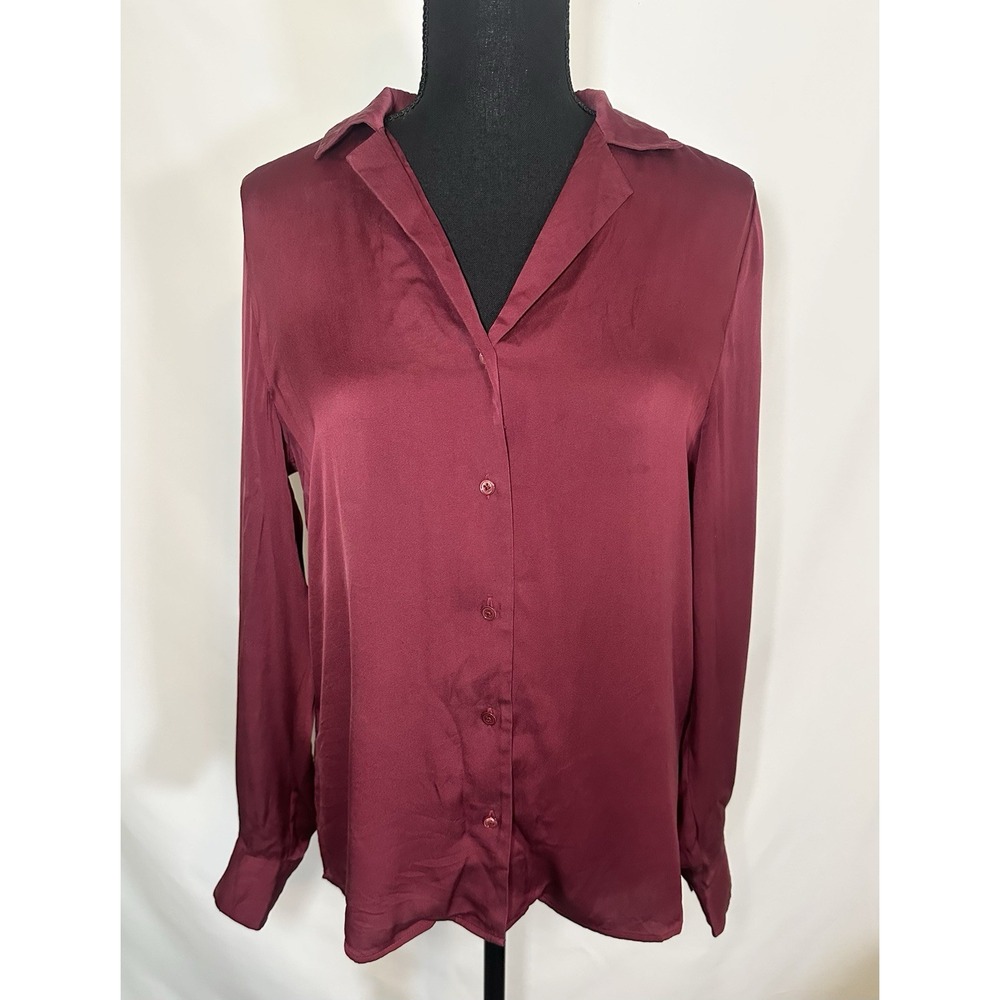 QUINCE Women MEDIUM Washable Stretch Silk Notch Collar Blouse Button Up Burgundy